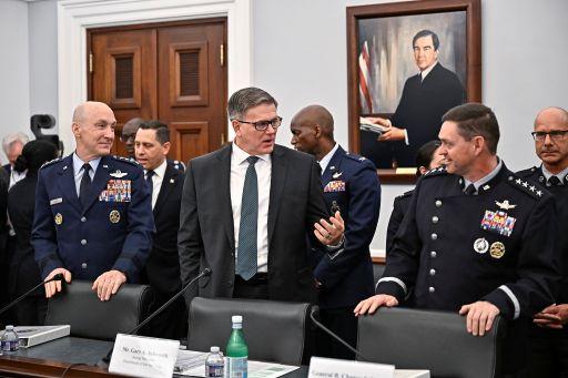 Air Force Chief of Staff Gen. David Allvin, left, Acting Secretary of the Air Force Gary Ashworth and Chief of Space Operations Gen. Chance Saltzman speak before testifying to the House Appropriations Committee for an oversight hearing at the U.S. Capitol in Washington, D.C., May 6, 2025. 