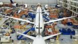 A series of Boeing 787 aircraft in final assembly.