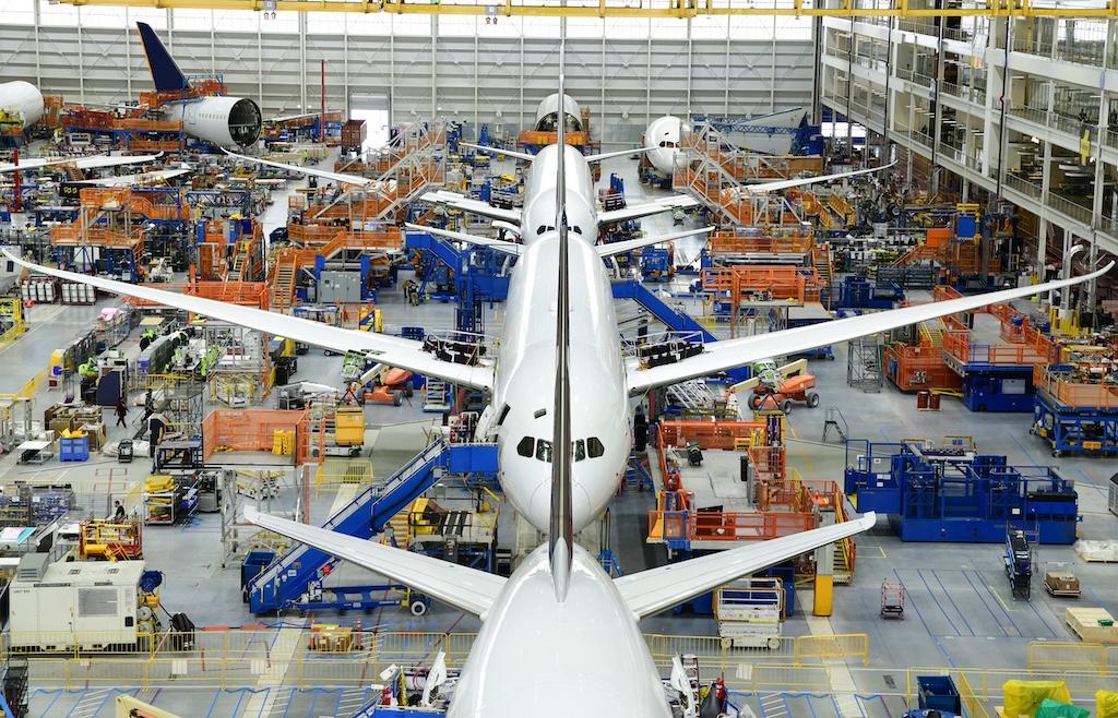 A series of Boeing 787 aircraft in final assembly.