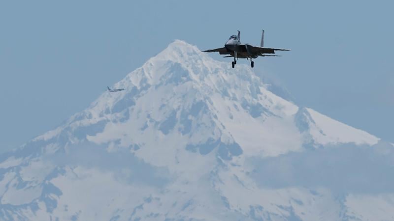 F-15 EX Eagle II with Mount Hood in the background
