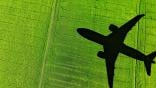 generic airplane shadow flying over a green field