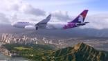 Hawaiian Airlines Airbus A330 flying above city