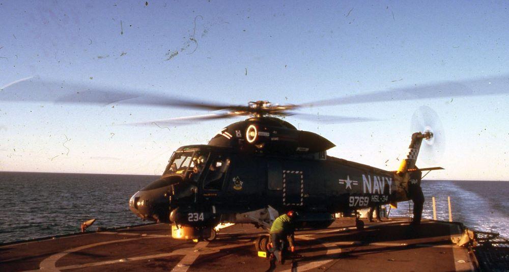 Kaman SH-2F Seasprite, a naval helicopter used by the U.S. Navy. The SH-2F was used for anti-submarine warfare and search and rescue missions. The aircraft shown is identified by its tail number 149769 and served with Helicopter Squadron Light 34 (HSL-34). Contributor: Aviation History Collection