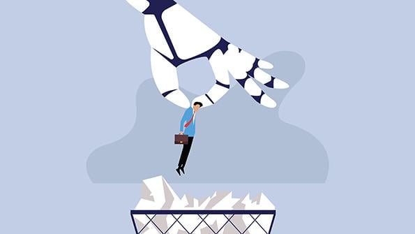 Illustration of robot hand dropping person in waste basket