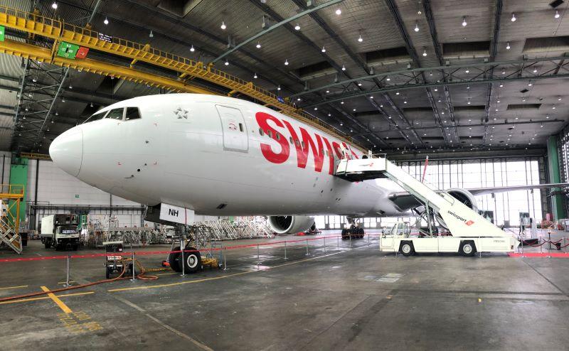 A Swiss 777-300ER in the airline's Zurich hangar.