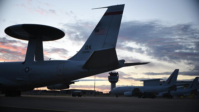 Tail of Boeing E-7 at sunrise